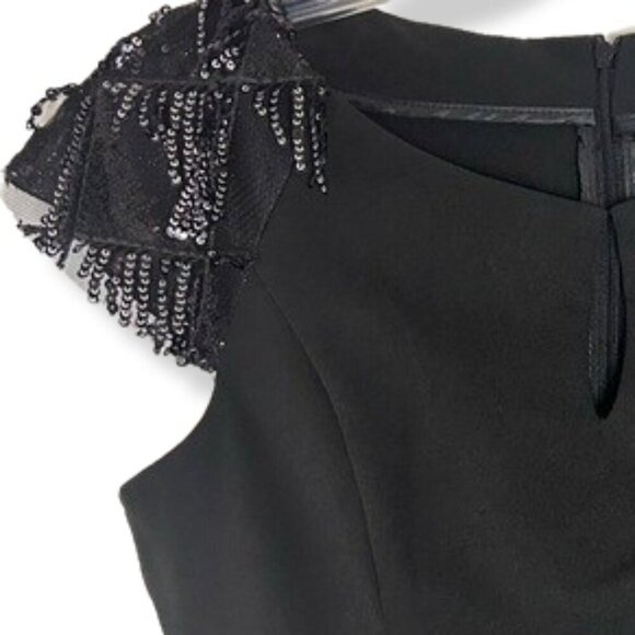 Mohito Black Cap Sleeve Mid Length Cocktail Lined Dress Sequin Shoulder Tassles - Picture 5 of 8